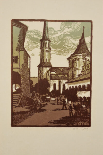 A street in the town of Levocha. An early Gothic monument. Album “Through Czechoslovakia”