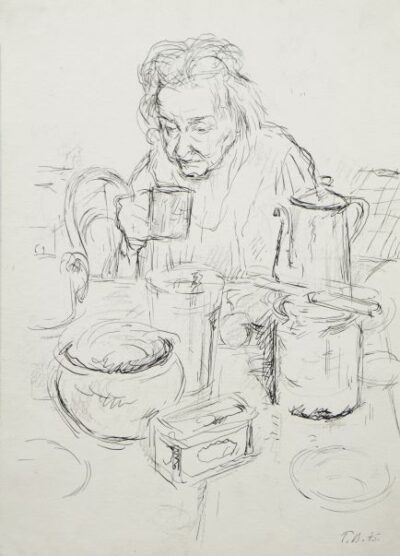 An old lady having tea